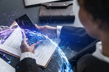 Businesswoman using phone, work in modern office on new project. Double exposure. Concept of...