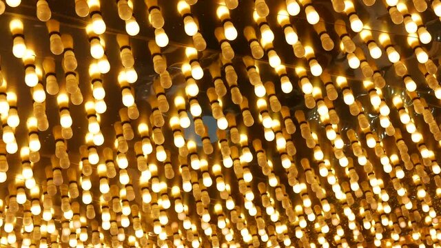 Old Fasioned Electric Lamps Blinking And Glowing At Night. Abstract Close Up Of Retro Casino Decoration Shimmering In Las Vegas, USA. Illuminated Vintage Style Bulbs Glittering On Freemont Street.