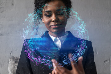 Businesswoman using phone, work in modern office on new project. Double exposure. Concept of success. World map planet earth hologram.