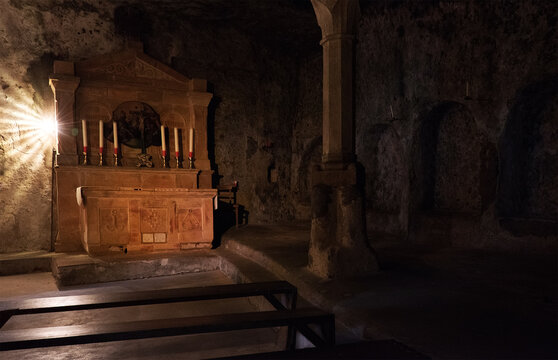 Catacombs carved into the rocks of Monchsberg in Salzburg, Austria, Europe