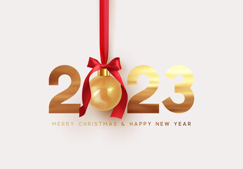 Happy New Year 2023. Hanging Realistic bauble ball on red ribbon with bow. Golden metal numbers 2023. Holiday gift card. Xmas bauble hanging. New Year Greeting Background. Vector illustration