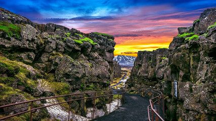 Pingvellir (Thingvellir) National Park, Tectonic Plates at sunset in Iceland.