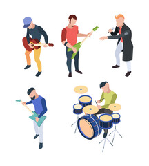 Rock band. Isometric musician people with instruments guitars drum and microphone vector rock concert characters. Concert rock, musician guitarist and microphone illustration