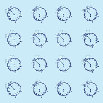 Pattern of a vector illustration of an alarm clock on a blue background. Watch line art concept. Stock image.
