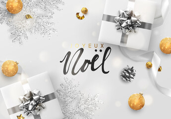 French text Joyeux Noel. Merry Christmas and Happy New Year. Gift box, golden balls, snowflake in glitter. Xmas Decoration bauble, white ribbon. Christmas composition top view. Vector illustration.