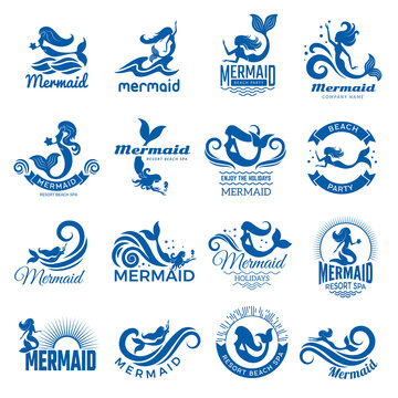 Mermaid silhouettes. Fantasie swimming women with flippers and tails marine mermaid vector emblems collection. Illustration logo mermaid flipper, swimming drawing