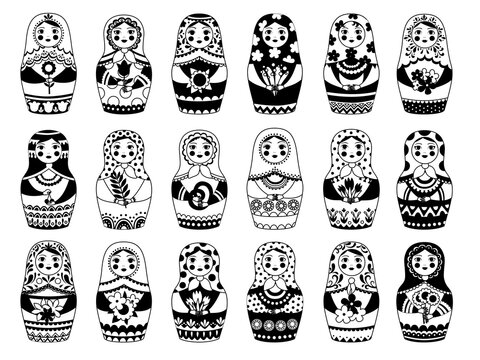 Russian dolls collection. Monochrome traditional female toy floral decoration moscow woman authentic russian faces vector set. Traditional handmade, handcrafted female matreshka illustration