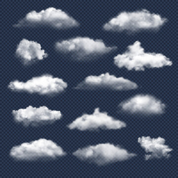 Clouds realistic. Nature sky weather symbols rain or snow cloud vector collection. Cloud and sky, cloudy meteorology, weather elements illustration