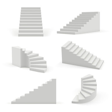 Stairs modern. 3d white architectural objects for interior space up and down steps vector templates. Interior staircase, architecture stairway construction illustration