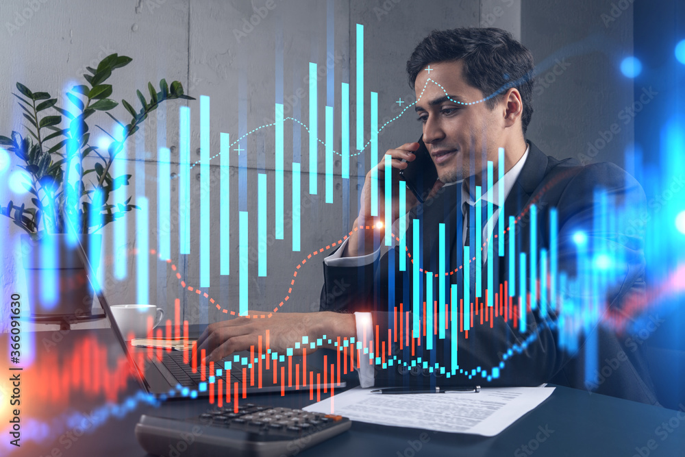 Poster businessman in office working with laptop technology forex online trading graph and chart, typing co