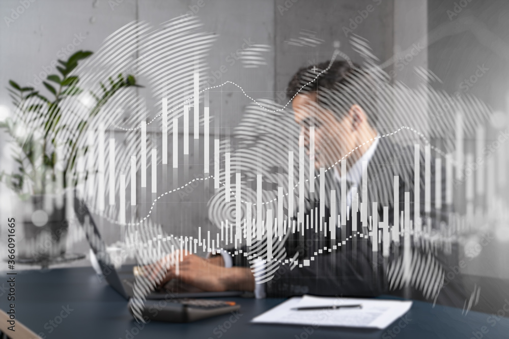 Poster businessman in office working with laptop technology forex online trading graph and chart, typing co