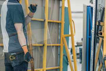 Glass factory, Worker carrying glass panes