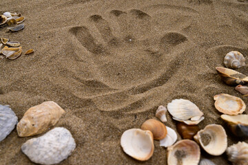 Handprint on fine golden dry sand among seashells. no people. Sea, vacation, sealife and summer concept
