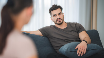 Woman and man couple in social distancing at home