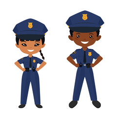 Cute chibi characters in police uniform. Professions for kids. Flat cartoon style