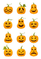 Vector set of halloween pumpkins with cute, happy, spooky, creepy and scary faces. Cartoon Autumn Illustration in flat style. Pumpkin Icons for web design, print, pattern, baner, kids concept. Thanksg