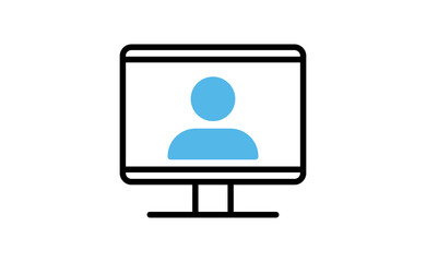 Video conference icon. People on computer screen. Home office in quarantine times. Internet virtual teaching media. Digital communication