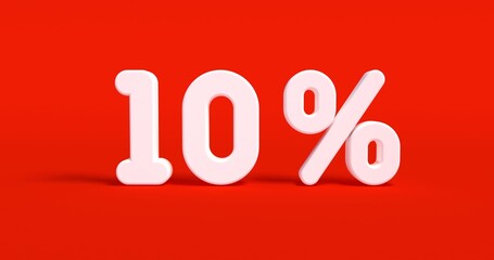 3d render, '10%' written by plastic toy font. Sign of sale. Ten percent off. Typography font, phrase isolated on red background. Element for social media, print, sticker.