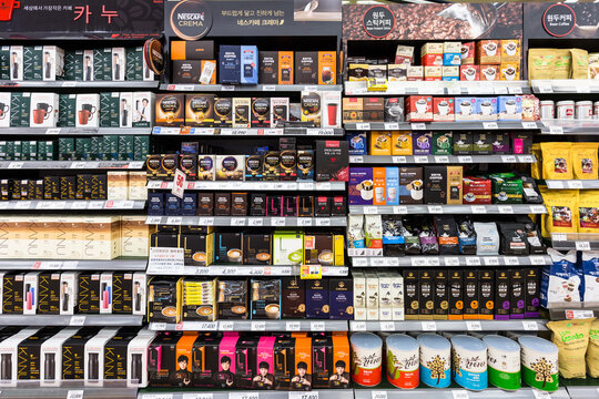 SEOUL, SOUTH KOREA - MAY 13, 2017: Instant coffee of various brands, such as Nescafe, are  displayed in a supermarket in Seoul in South Korea.