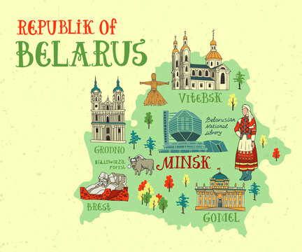 Illustrated map of the Republic of Belarus. National and cultural elements. Souvenir merch