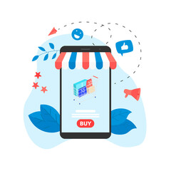 Online shopping concept, shopping basket and small people, buying online store