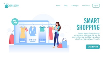 Smart shopping service to buy fashion products remotely. Young beautiful woman character choosing purchasing cheap dress in online clothing store with reduced price, sale discount. E-order, delivery