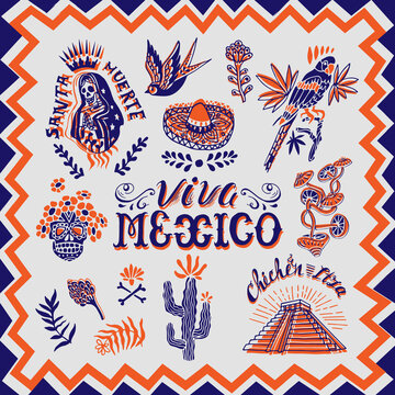 Viva Mexico! Collection of hand drawn decorative mexican symbols and elements