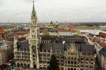 Fototapeta premium Aerial view of the New Town Hall Rathaus and the Frauenkirche in the Altstadt of Munich, Germany. October 2014