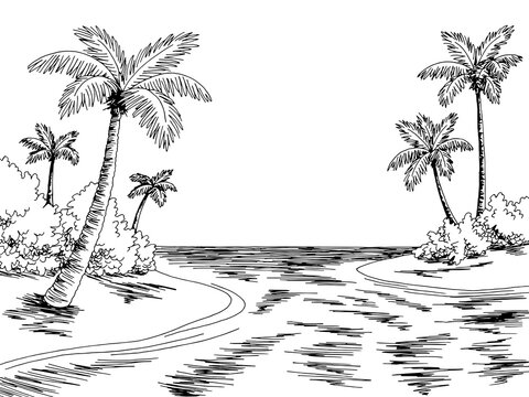Archipelago island sea coast graphic beach black white landscape sketch illustration vector