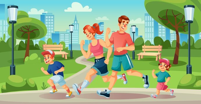 Happy family children jogging in summer city park. Mother, father, son, daughter, dog pet running. Parent kid doing exercise together. Sport activities on holiday, weekend vacation outdoor