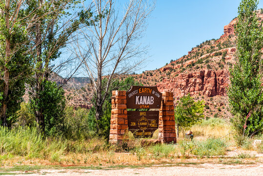 Kanab, USA - August 8, 2019: Closeup of sign for entrance to city near Bryce, Lake Powell and Zion National Park in Utah