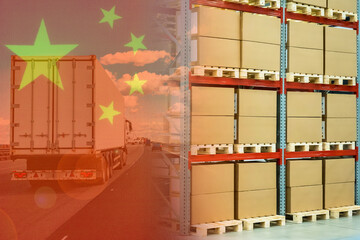 Delivery of goods from China. Delivery truck on the background of the flag of China. Delivery truck loads from China. Import of Chinese goods. Transport and logistics company. Freight from Asia