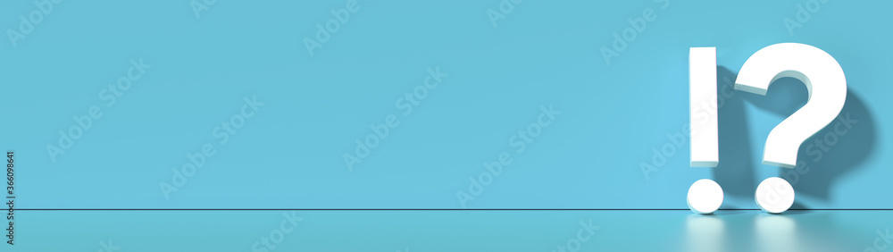 Poster question mark and exclamation mark in front of a red color wall background. business support concept