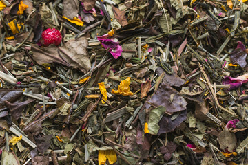 Closeup on colorful tea leaves, green tea