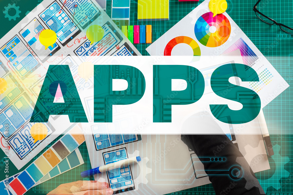 Poster apps. mobile app design. inscription apps next to designer. concept web designer services. ux applic