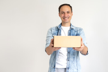 man carries the box, isolated, white background