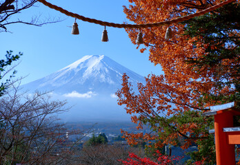 Impressive and magnificent view on mount Fuji in Japan from the hill. Wonderful beauty of the...