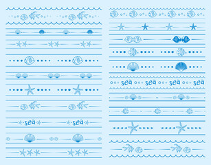 seamless borders with sea starfish and shells and fish - vector set