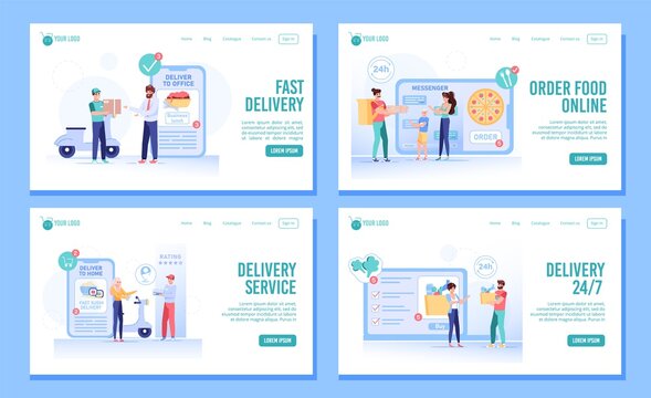 Round-the-clock food order fast delivery service set. People using convenient mobile application, online messenger chat, internet market shop website to buy grocery, food dinner, business lunch