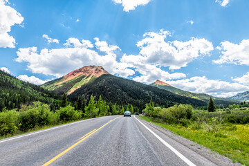 Ouray, Colorado scenic byway in summer Million Dollar Highway 550 road driving pov and Engineer...