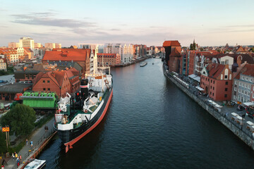 Aerial view of the old town in Gdansk with amazing architecture at sunset,  Poland