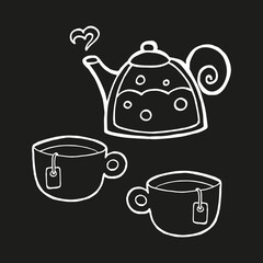 Cute hand drawn teapot and cups of tea on black background. Vector design in trendy Scandinavian style. Funny, cute, hygge set for poster, social media banner, print, decoration cafe