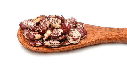 Lima Bean in spoon on white background. Large beans with a buttery flavor and starchy texture.