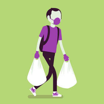 Man Shopping, Wearing Mask, Gloves For Personal Health Care, Protection During Pandemic. Male Consumer Carrying Supermarket Bags Purchasing In Grocery Store. Vector Creative Stylized Illustration