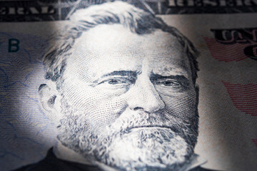 Close-up portrait of Ulysses Grant on 50 dollar bill, finance, capitalism, financial crisis