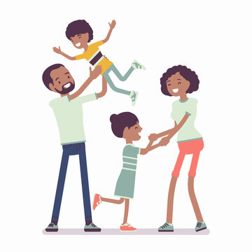Happy black family enjoying life. Father, mother, son and daughter. Positive friendly smiling people in love, agreement, accord, harmonious relations. Vector flat style cartoon illustration