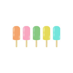 Ice cream Ice fruity lollys frozen popsicles wood stick logo icon sign Colorful raindow cartoon design style Fashion print clothes apparel greeting invitation card cover banner poster flyer gift