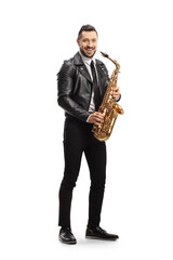 Full length portrait of a man with a saxophone smiling at the camera