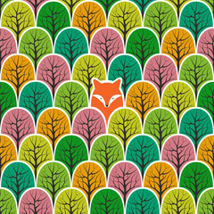 Fox in a forest seamless pattern. Vector design background.