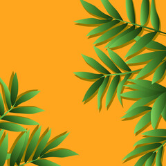 Fototapeta na wymiar Bright branches of green leaves on a yellow background can be used for a postcard, business card